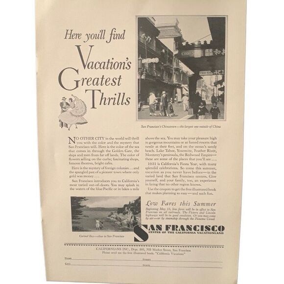 Vintage 1931 San Francisco Greatest Thrills Ad Advertisement - Picture 3 of 4